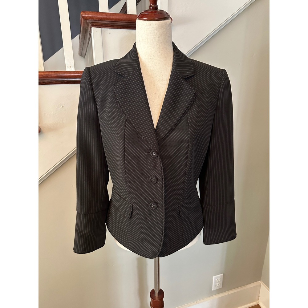 Vintage Y2K Tahari Arthur Levine Blazer 6 Black Pinstripe Designer Career Jacket - Picture 2 of 12